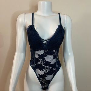 Blue lace crisscross removable pads teddy bodysuit